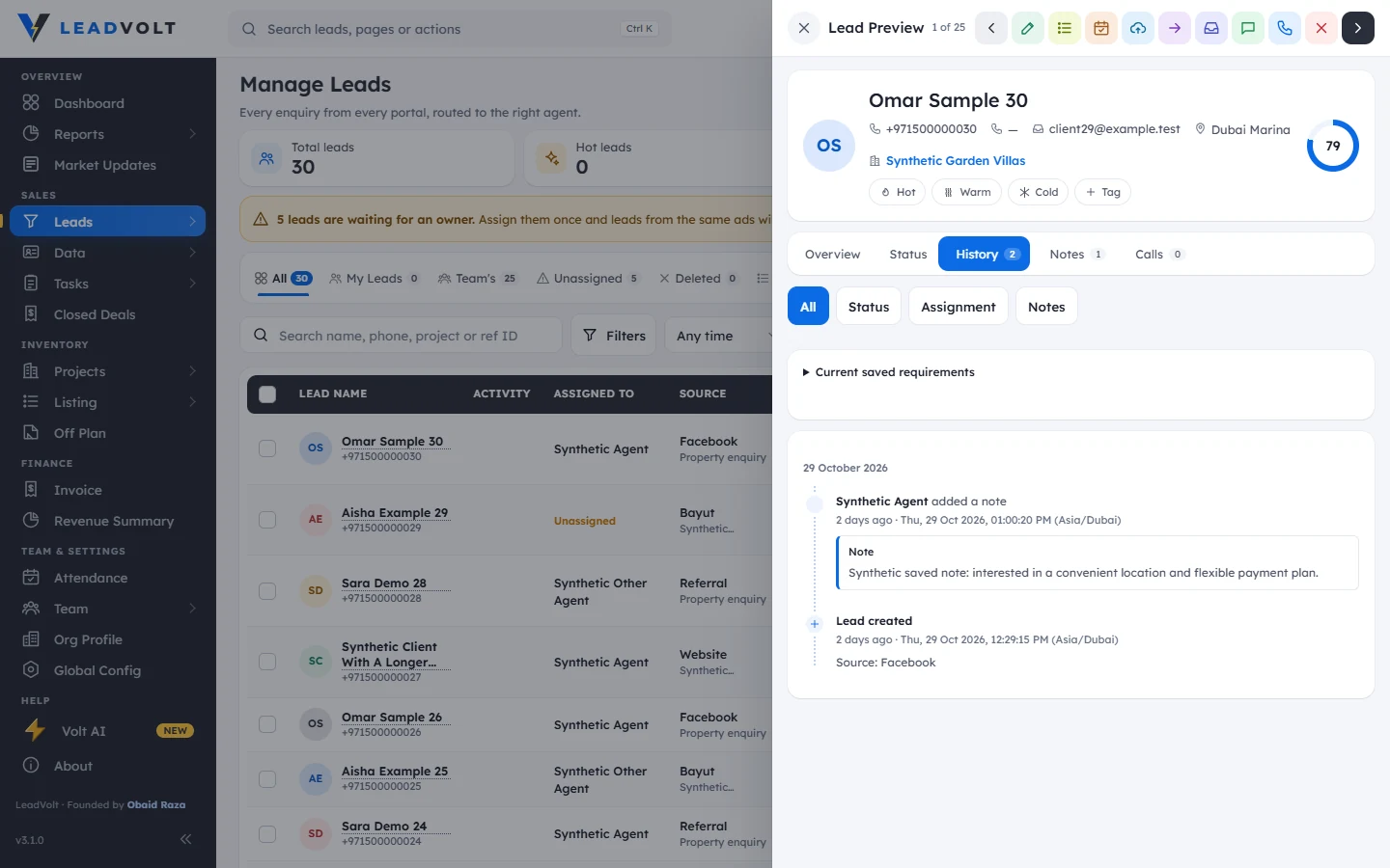 Actual LeadVolt CRM Lead Preview and chronological History using fictional sample records.